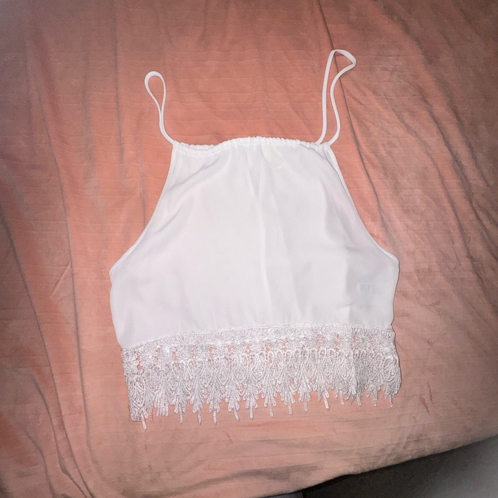 Staring at Stars White Sheer Lace Fringe Cami Crop Top S USA